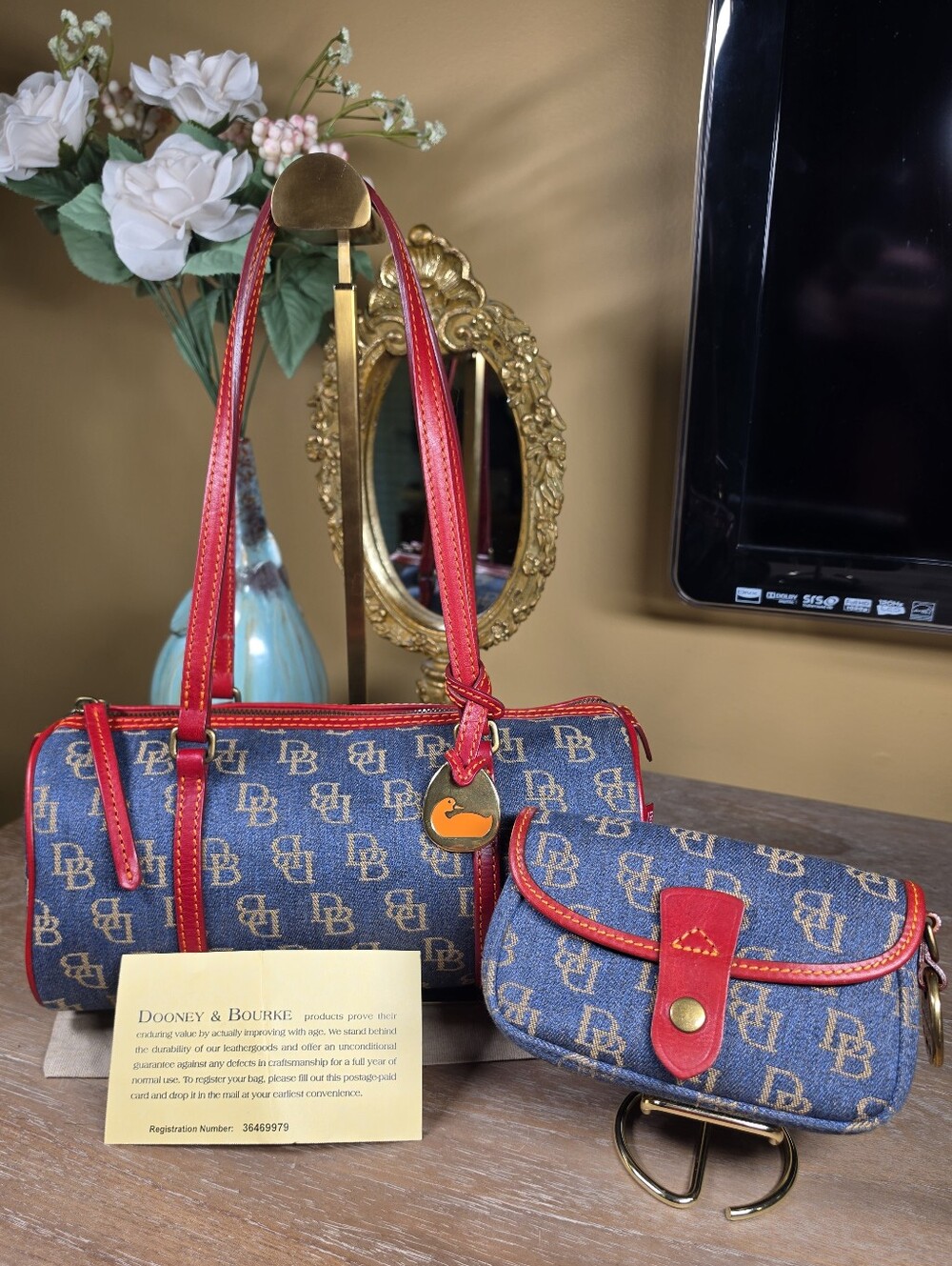 Dooney & Bourke Y2K Denim Monogram Barrel Bag & Pouch Set (Combine Retail $495)